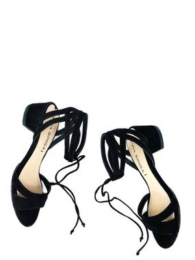 Via Spiga Heels Sandals Strappy Black Suede Size 5.5 Low Block Heel Vibram Sole